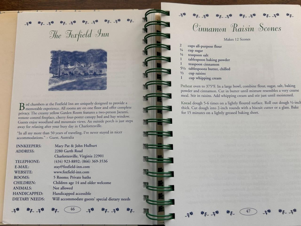 Virginia Bed Breakfast Cookbook 2005 spiral hardback 325 pages